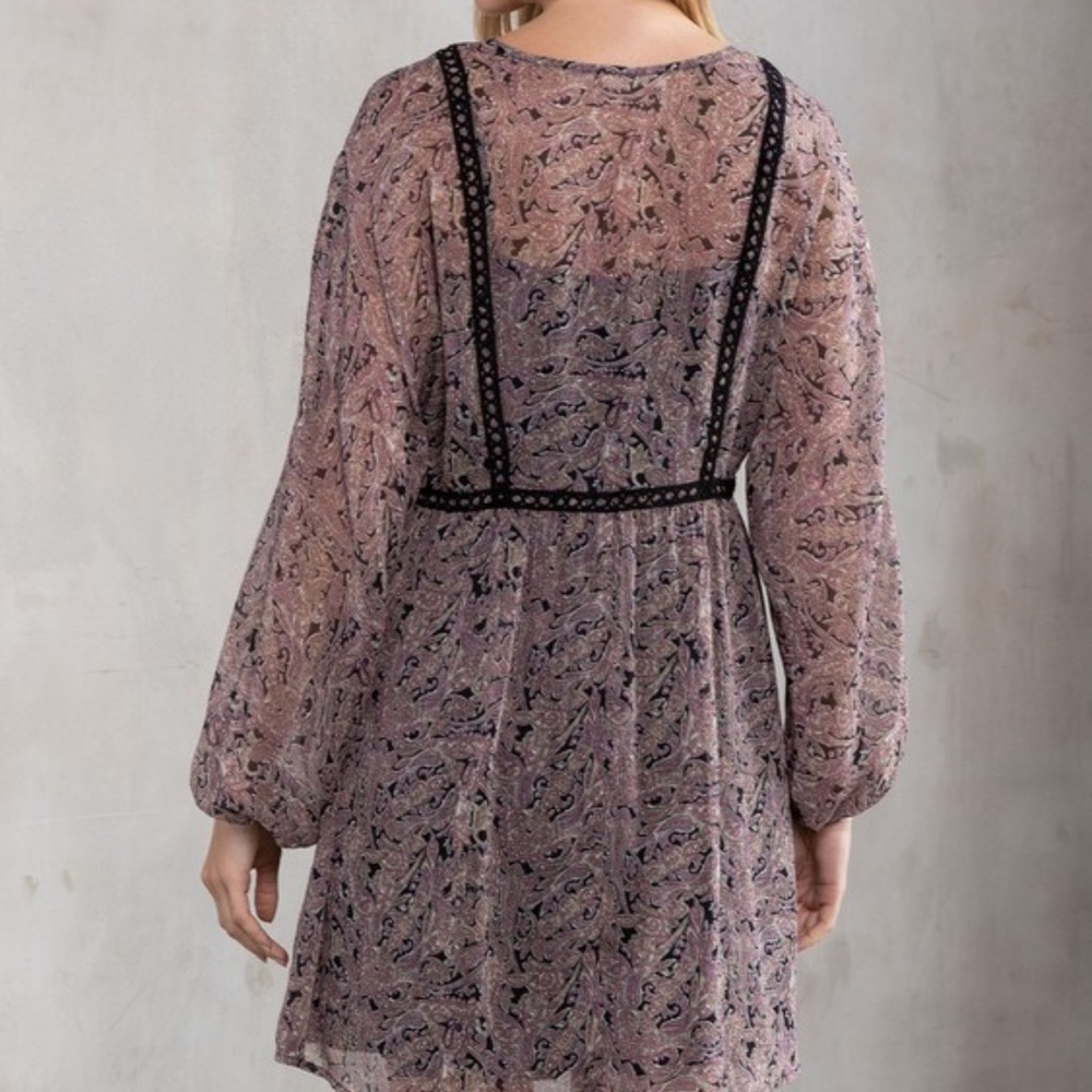 NWT Purple & Black Boho Paisley Print Long Sleeve Dress With Tassels - Picture 8 of 8